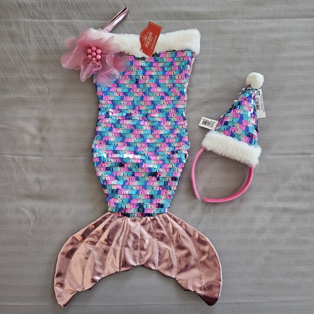 NEW Sequin Mermaid Tail Christmas Stocking &  Headband Set Girl Holiday Time